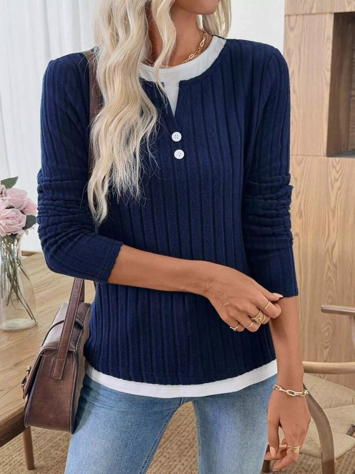 Ribbed Knit Button Detail Contrast Sweater (8)