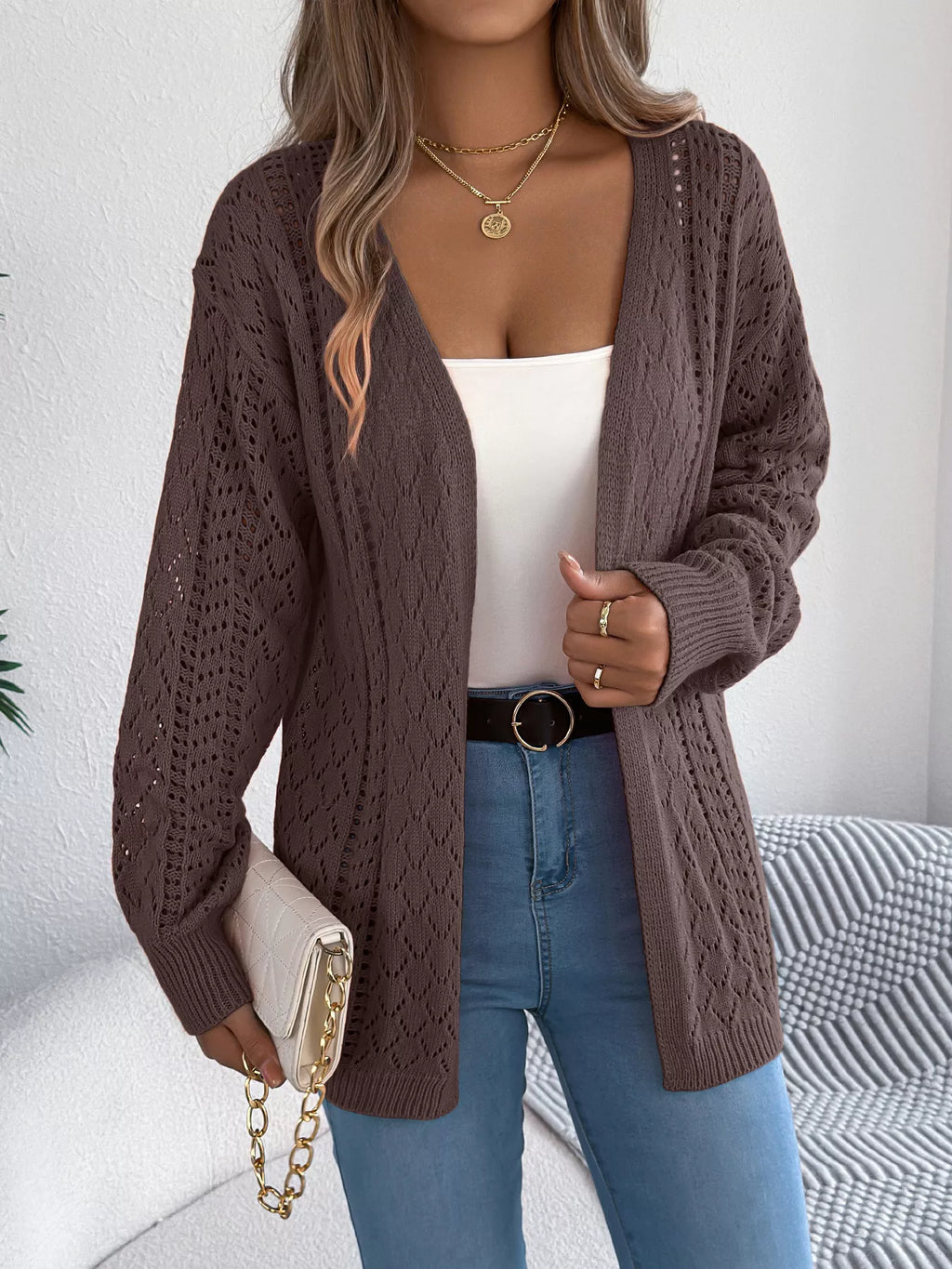 Openwork Open-front Long Sleeve Cardigan (12)