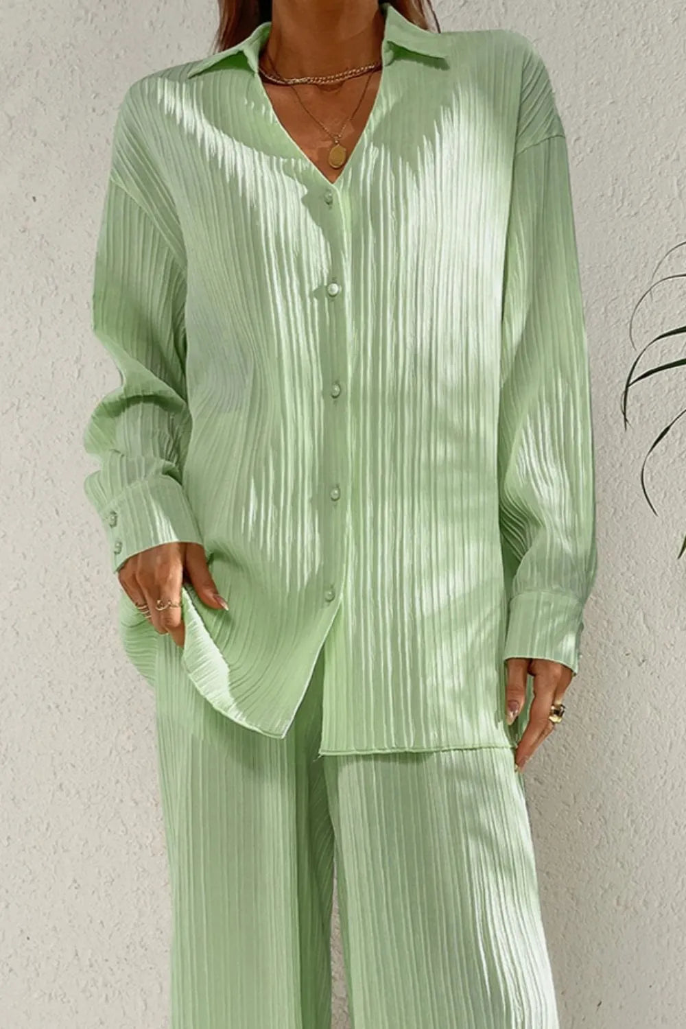 Johnny Collar Button Down Top Pants Set (3)