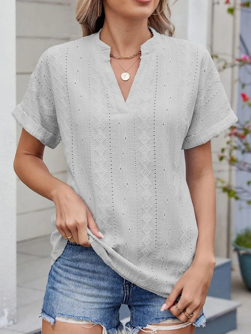 Eyelet Notched Short Sleeve Top (32)