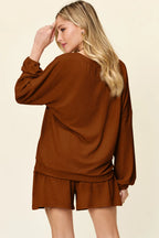 Full Size Texture V-neck Long Sleeve T-shirt Shorts Set (15)