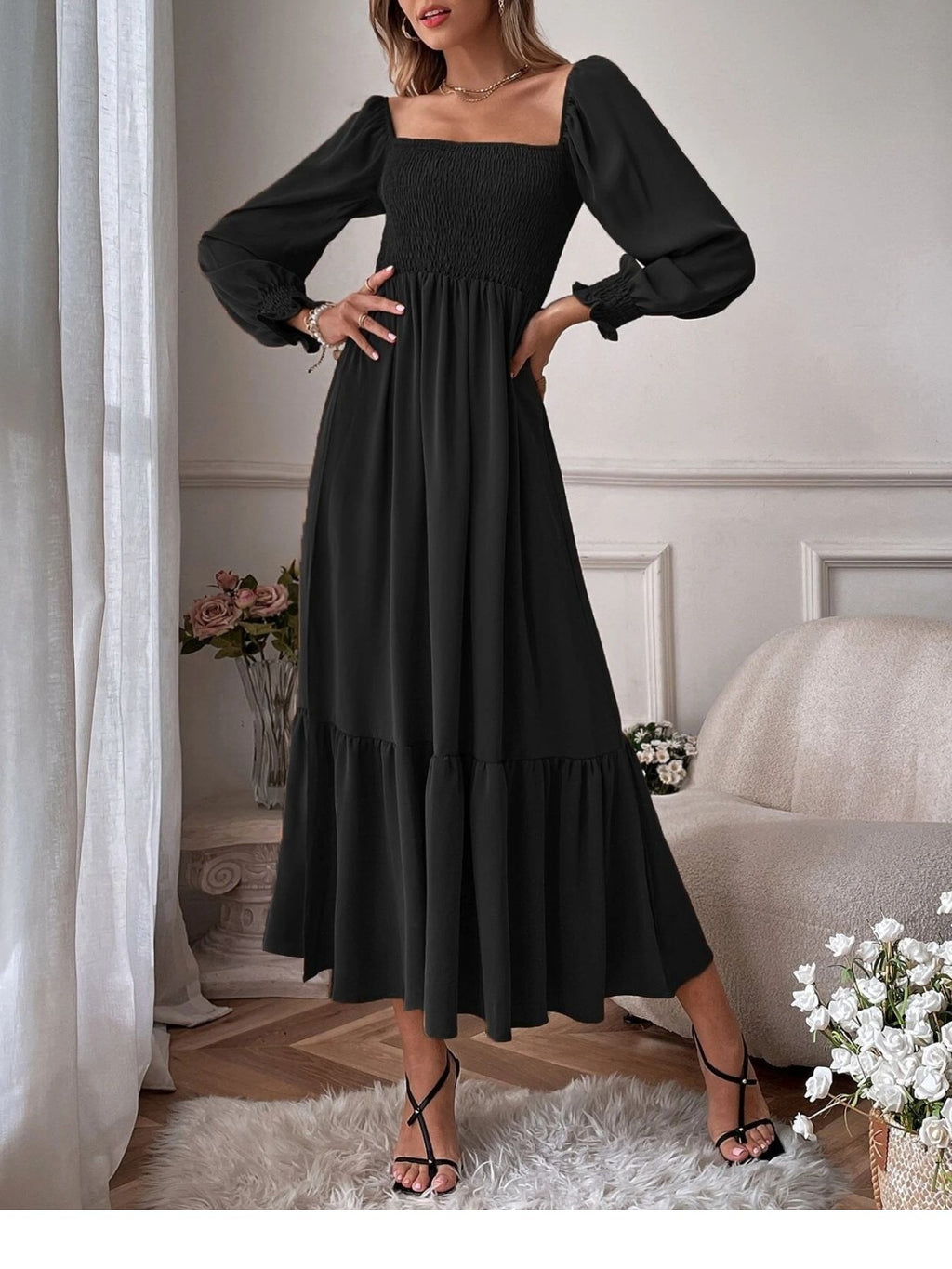 Smocked Long Sleeve Midi Dress (2)