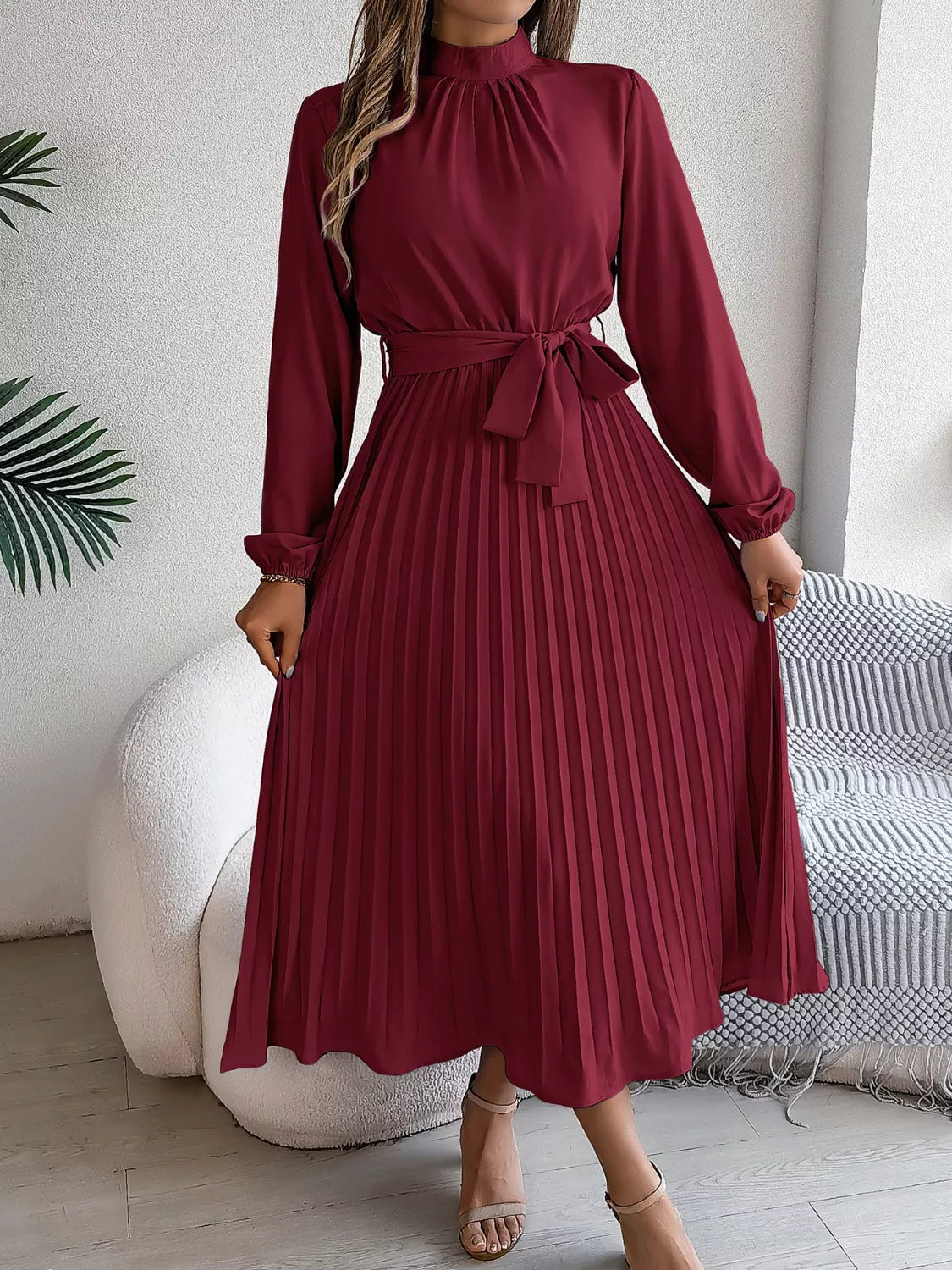 Mock Neck Pleated Midi Dress (17)