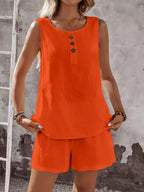 Decor Button Round Neck Tank Shorts Set (16)