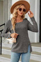 Slit Decorative Button Square Neck T-shirt (21)