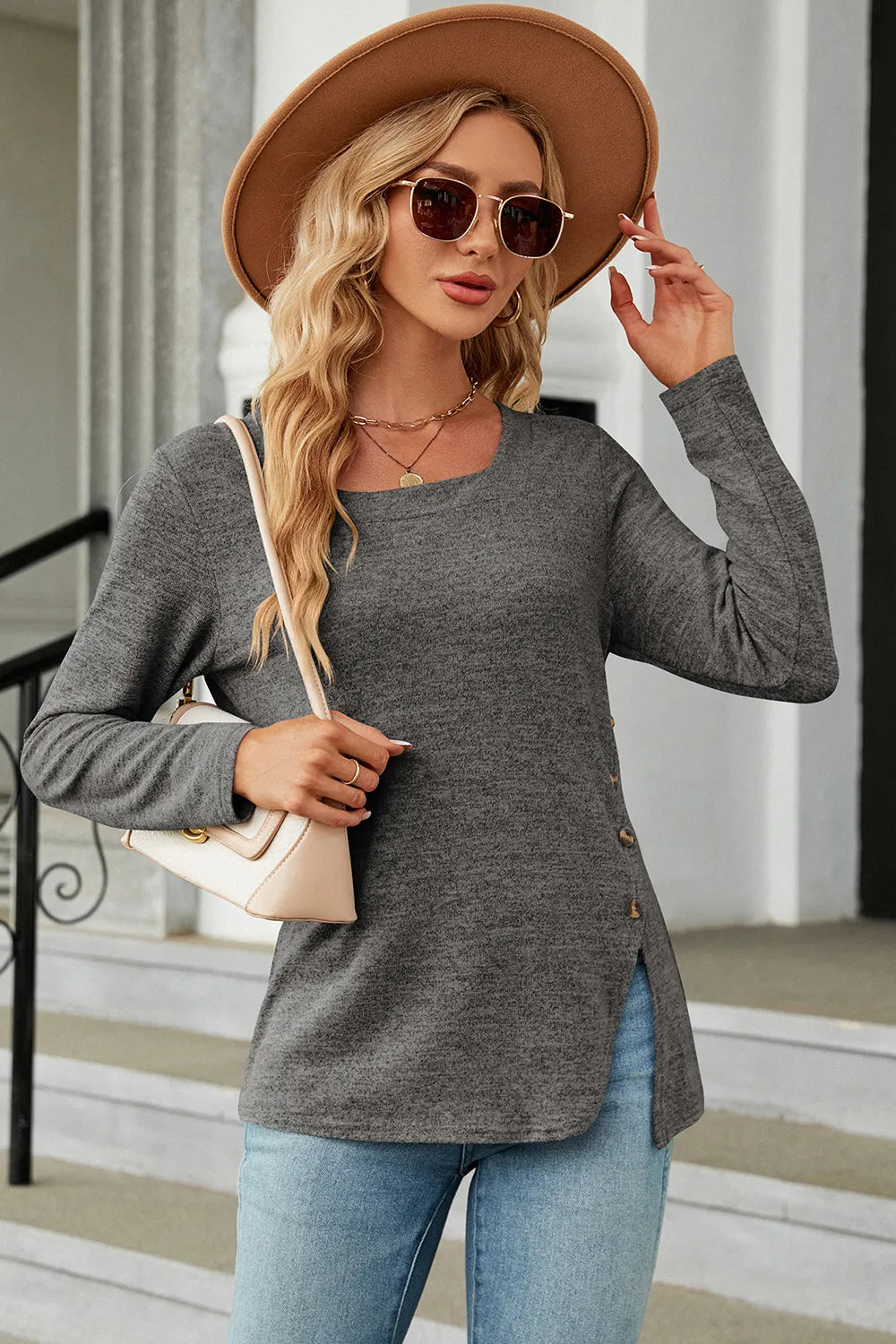 Slit Decorative Button Square Neck T-shirt (21)