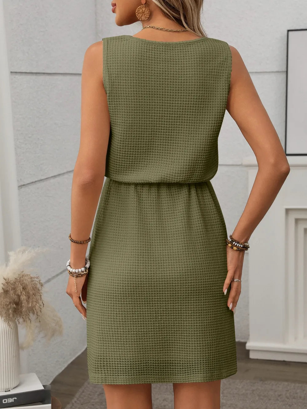 Waffle-knit Drawstring Mini Tank Dress (19)