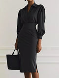 Ruched Midi Shirt Dress Side Slit