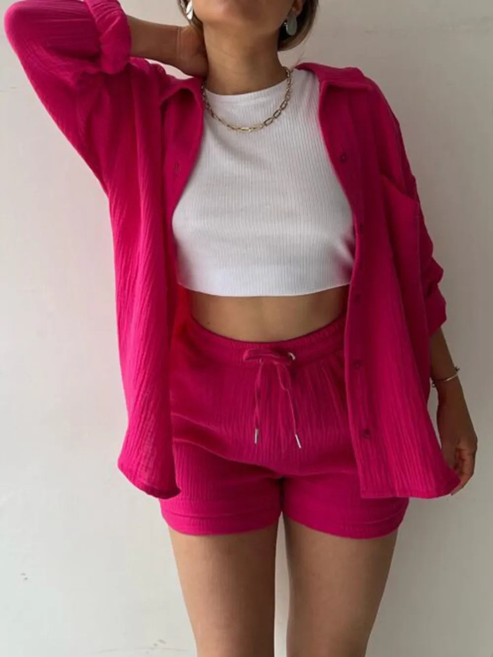 Texture Button Up Shirt Drawstring Shorts Set (19)