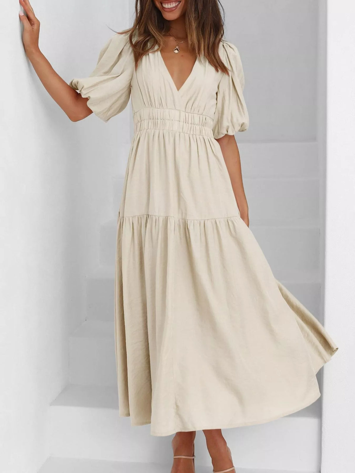 V-neck Puff Sleeve Midi Dress (15)