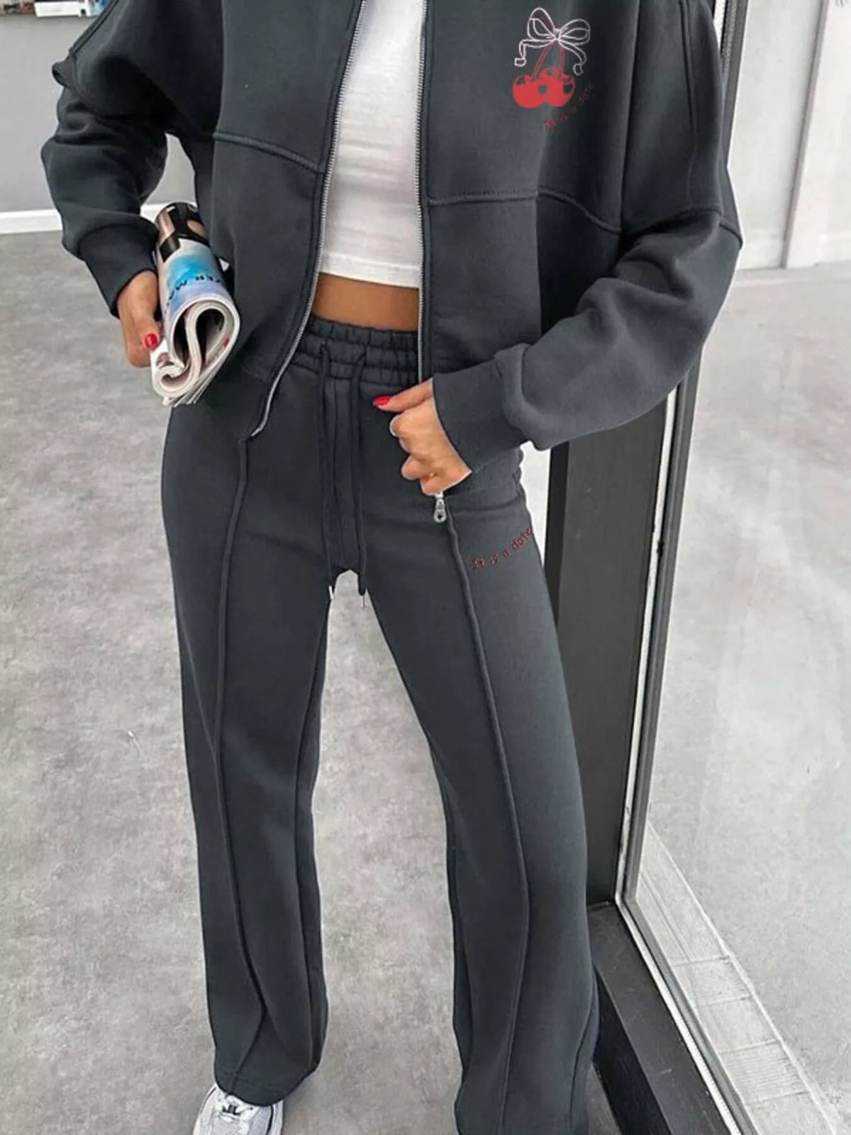 Zip Up Dropped Shoulder Outerwear Pants Set (18)