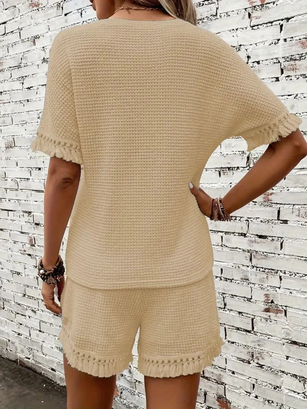 Tassel Round Neck Top Shorts Set (17)