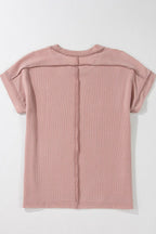Casual Ribbed Short Sleeve Round Neck T-shirt (28)