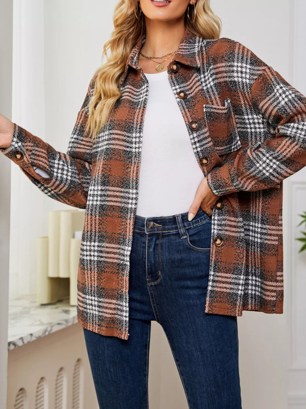 Plaid Button Up Long Sleeve Shacket (4)