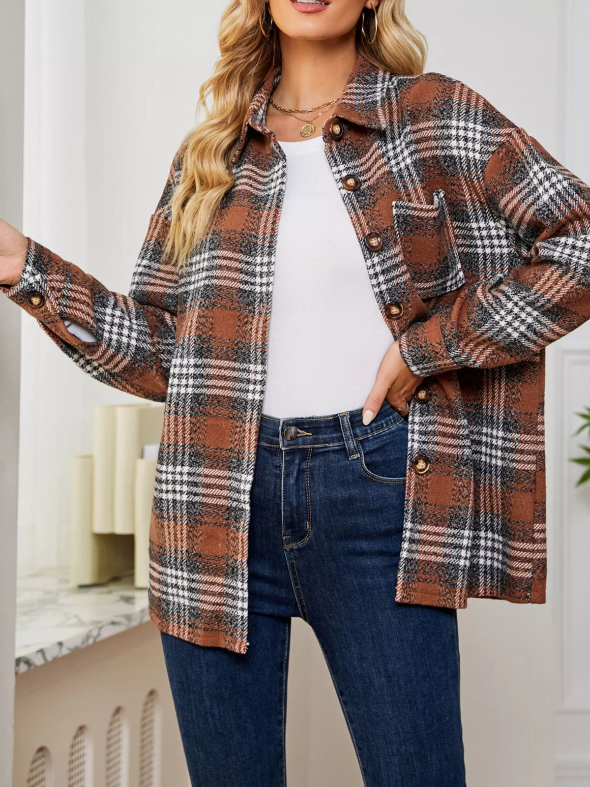 Plaid Button Up Long Sleeve Shacket (4)