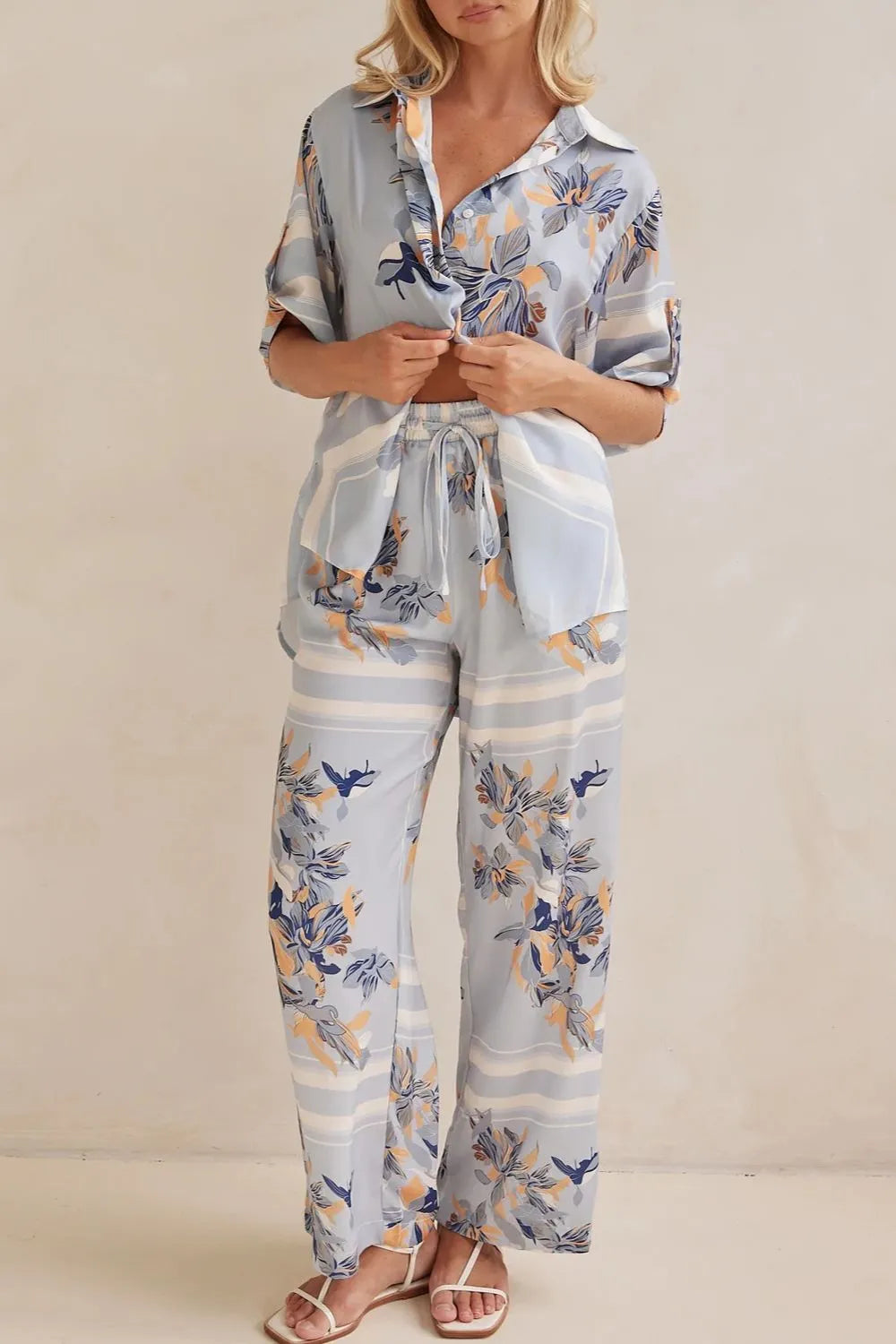 Printed Button Up Shirt Pants Set (3)