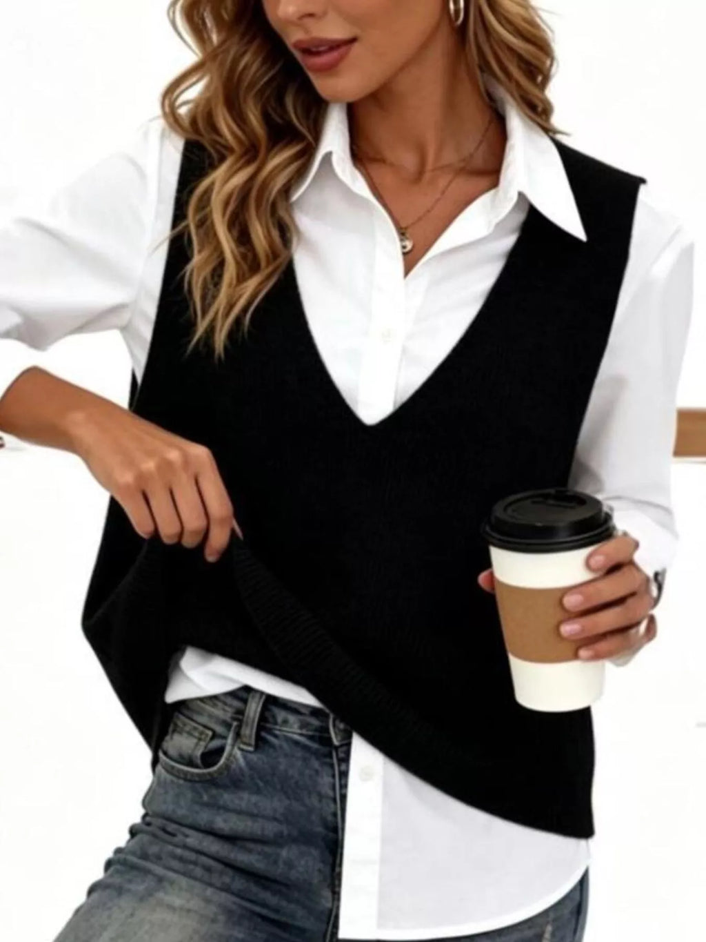 Full Size Chic V-neck Sleeveless Knit Sweater Vest Plus (2)