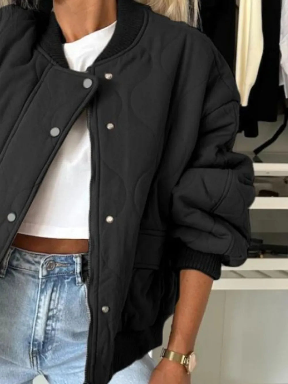 Baseball Collar Snap Down Long Sleeve Jacket (9)