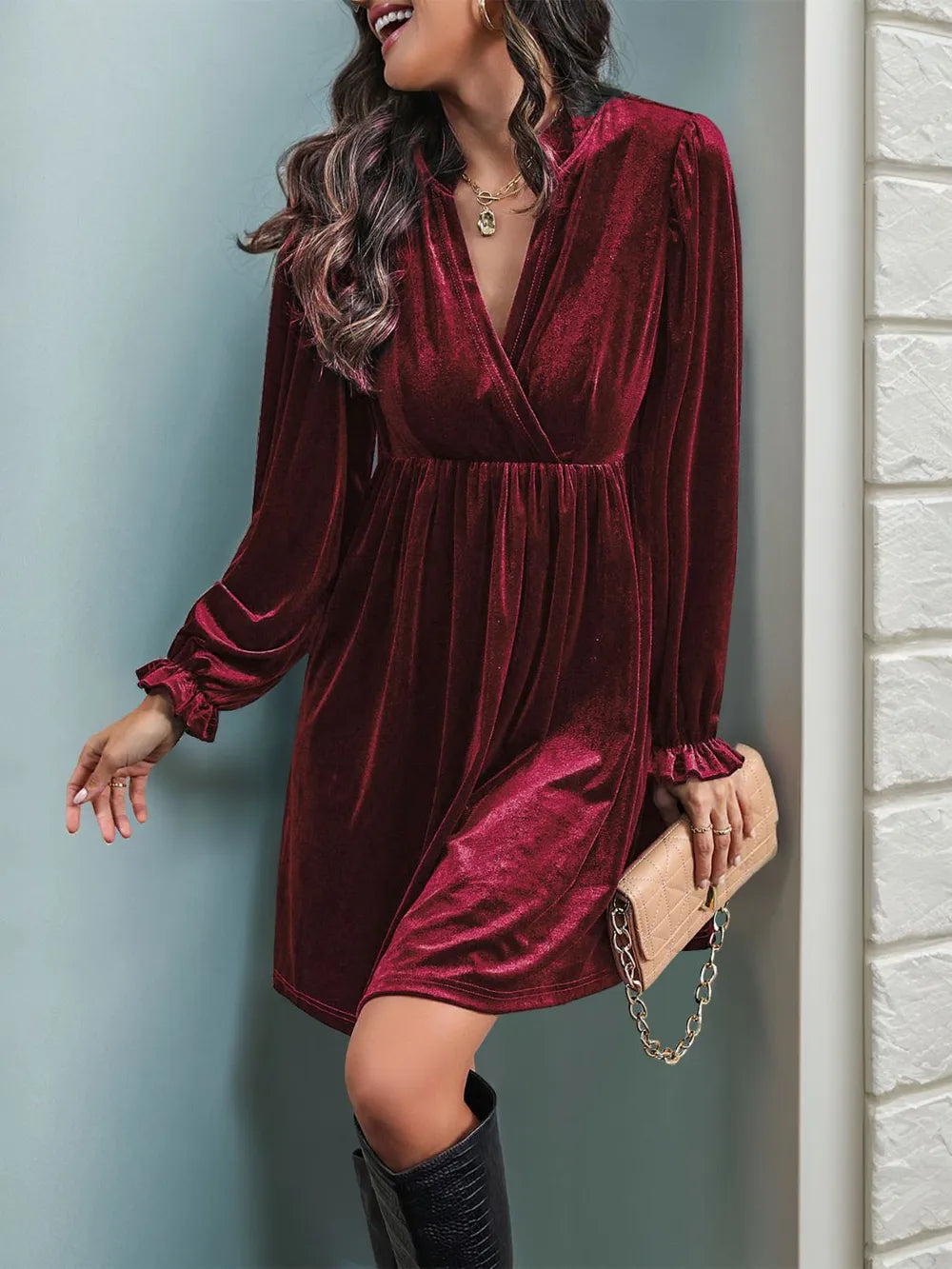 Ruched Surplice Long Sleeve Mini Dress (3)