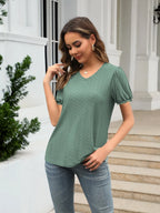 Eyelet Round Neck Short Sleeve Blouse (7)