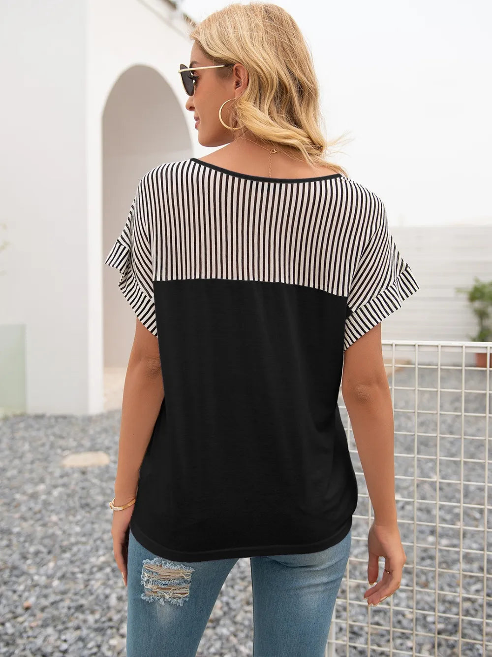 Striped V-neck Short Sleeve T-shirt (4)