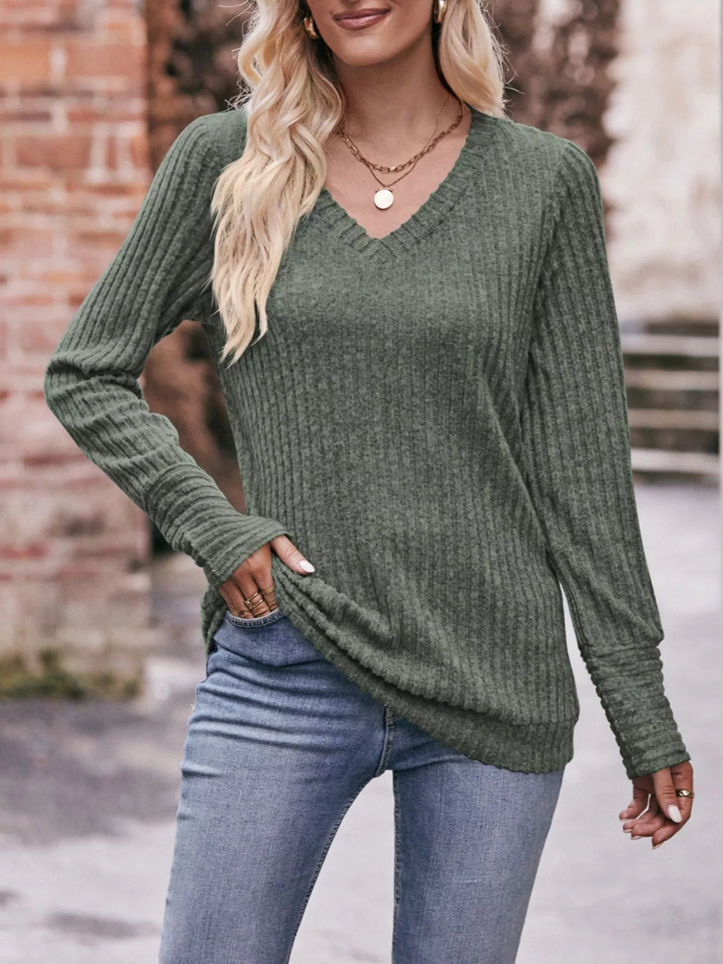 V-neck Ribbed Knit Long Sleeve T-shirt (6)