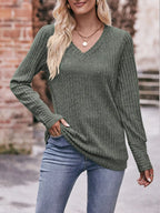 V-neck Ribbed Knit Long Sleeve T-shirt (6)
