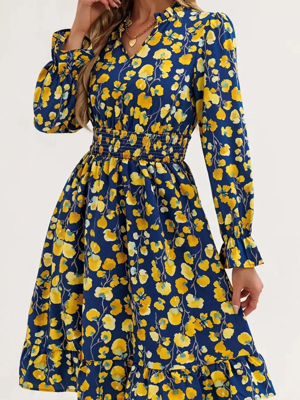 Floral Notched Flounce Sleeve Dress (15)