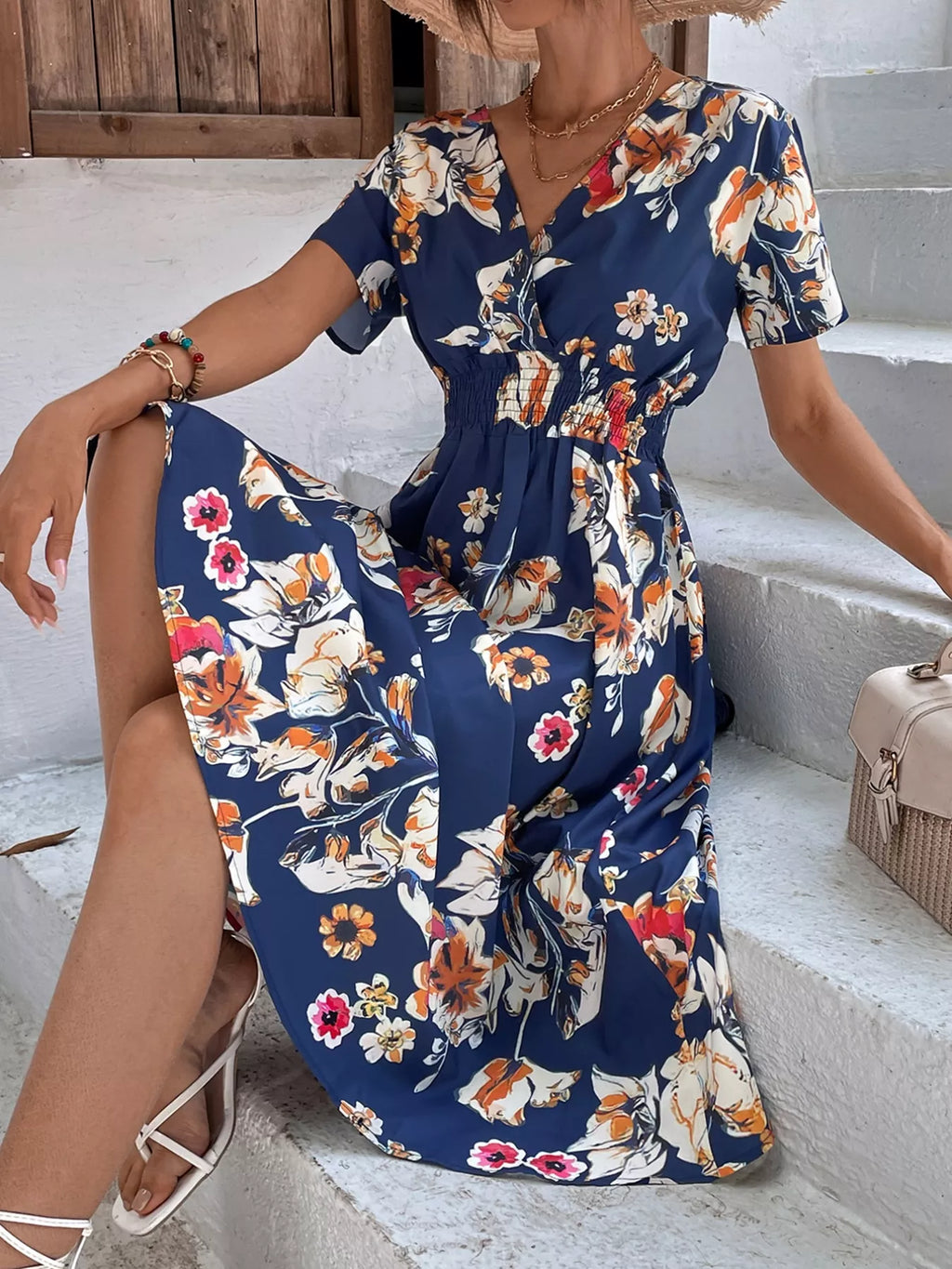 Printed Short Sleeve Midi Dress (23)