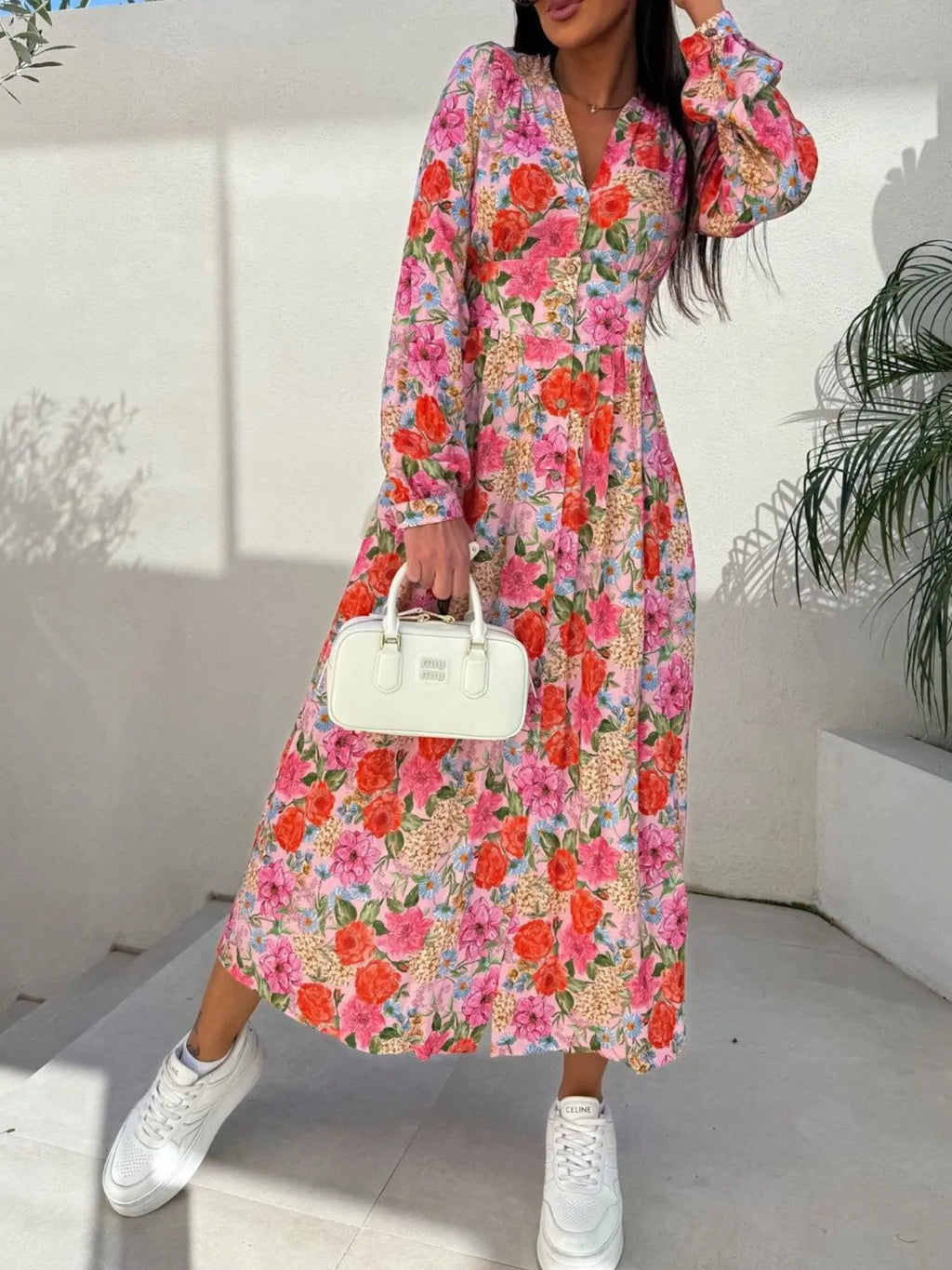 Floral Print Long Sleeve V-neck Dress (2)