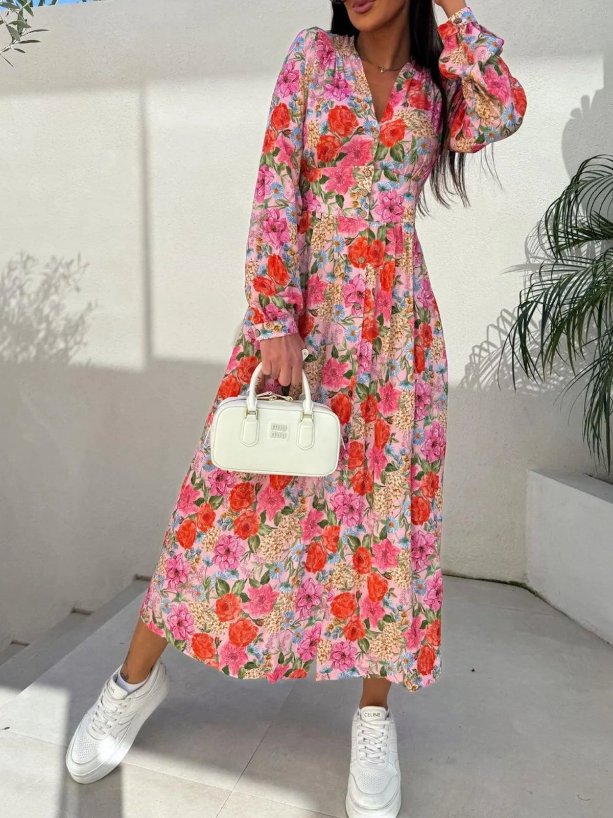 Floral Print Long Sleeve V-neck Dress (2)