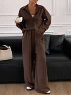 Button Up Long Sleeve Shirt Wide Leg Pants Set (25)
