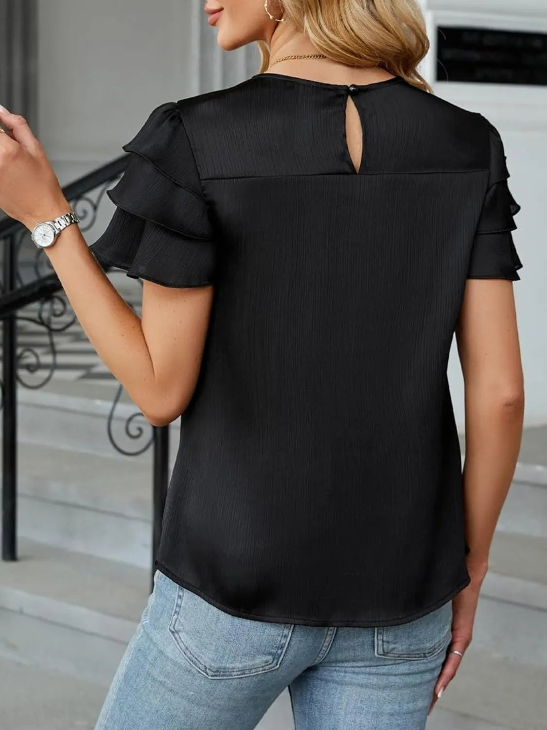 Smocked Round Neck Ruffled Layered Sleeve Blouse (20)