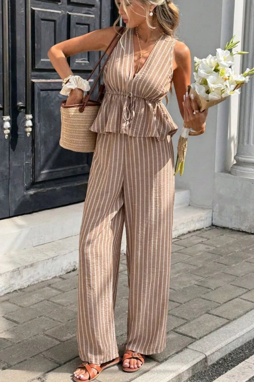 Striped Sleeveless Top Wide Leg Pants Set