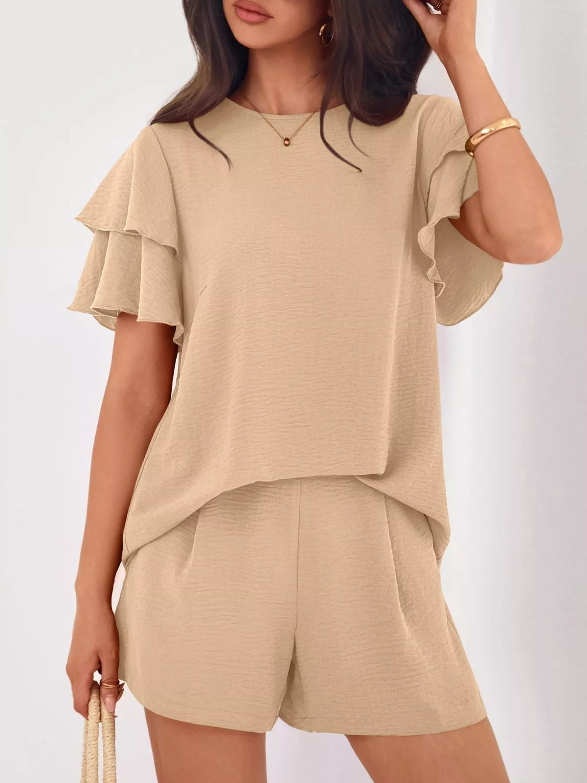 Ruffle Sleeve Top Shorts Two-piece Set