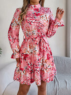 Printed Mock Neck Flounce Sleeve Mini Dress (3)