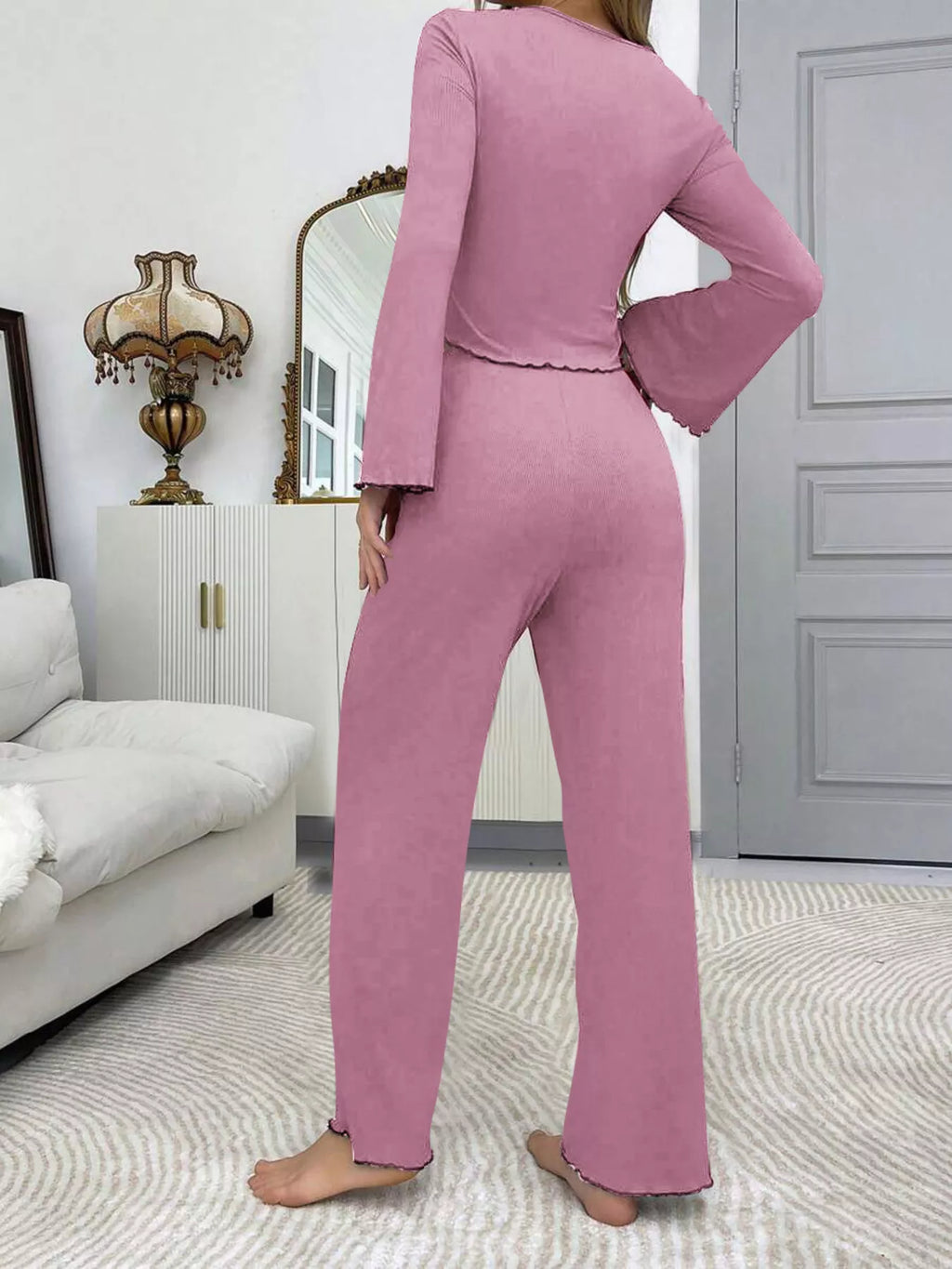 Lace Detail Flare Sleeves Top Pants Lounge Set (4)