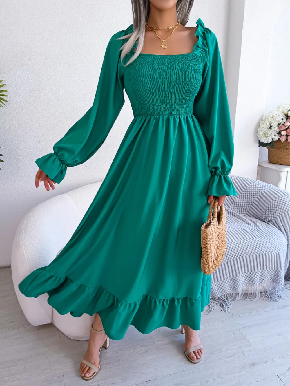 Smocked Square Neck Flounce Sleeve Dress (19)