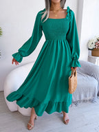 Smocked Square Neck Flounce Sleeve Dress (19)