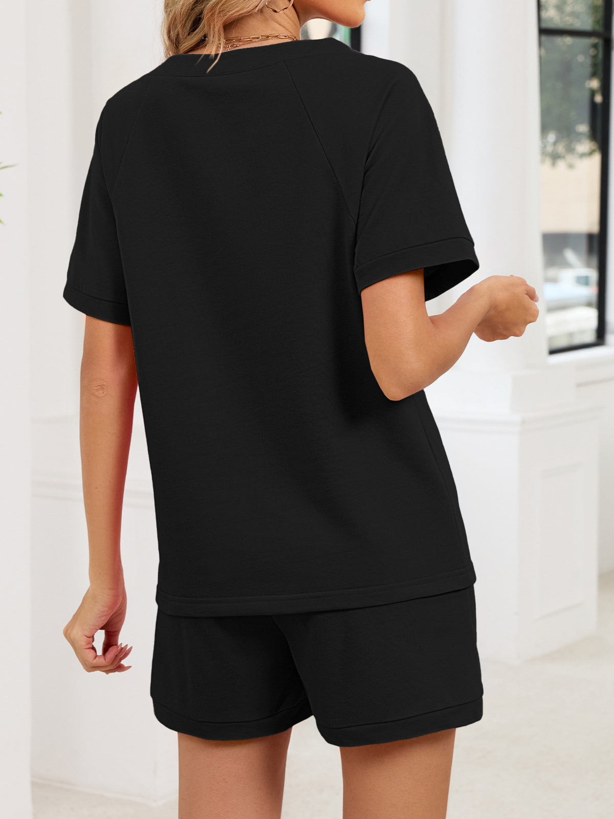Notched Short Sleeve Top Shorts Set (18)