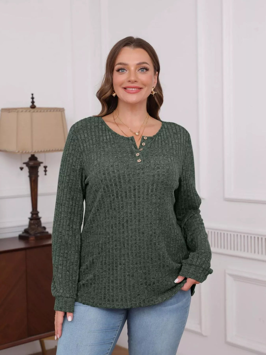 Ribbed Knit Button-front Long Sleeve T-shirt (19)