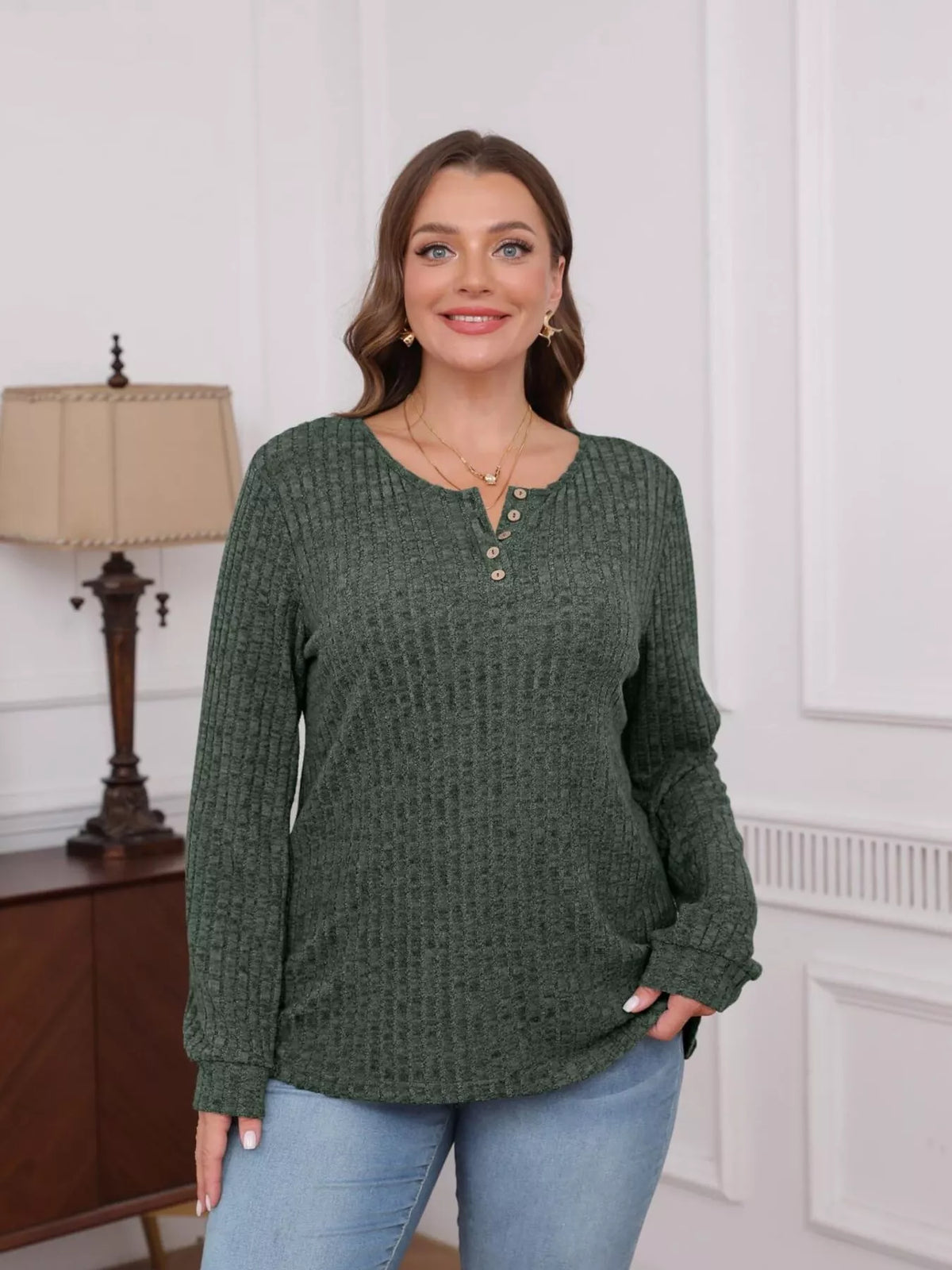 Ribbed Knit Button-front Long Sleeve T-shirt (19)