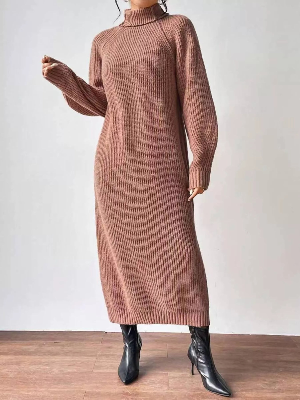 Turtleneck Ribbed Knit Midi Sweater Dress (4)