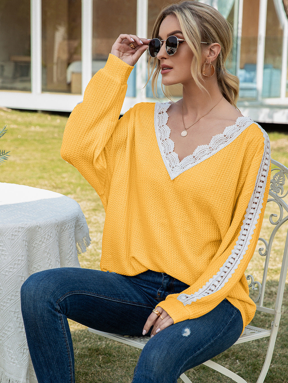 Contrast Spliced Lace V-neck Top (11)