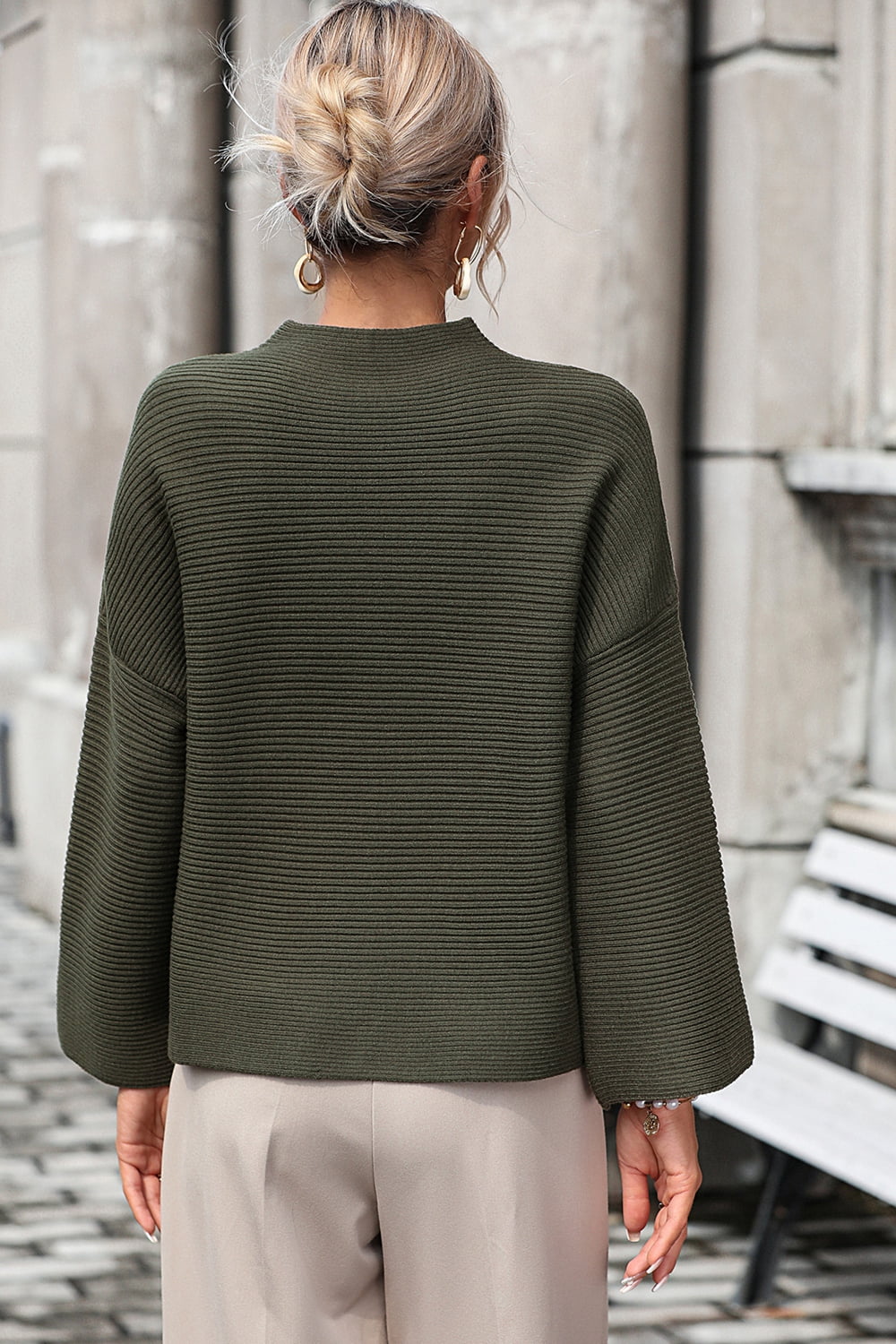 Mock Neck Dropped Shoulder Pullover Sweater (6)