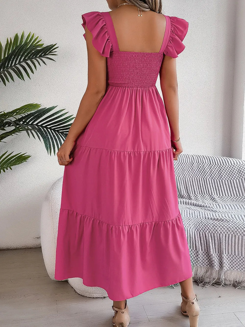 Smocked Square Neck Cap Sleeve Midi Dress (13)