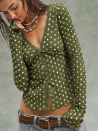 Polka Dot Button Down Textured Long Sleeve Blouse (5)