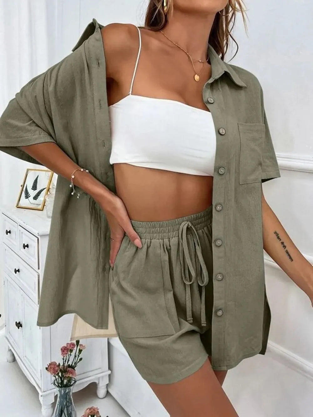 Button Up Shirt Drawstring Shorts Set (19)
