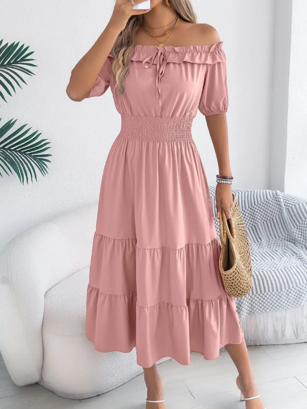 Smocked Off-shoulder Tiered Dress (4)