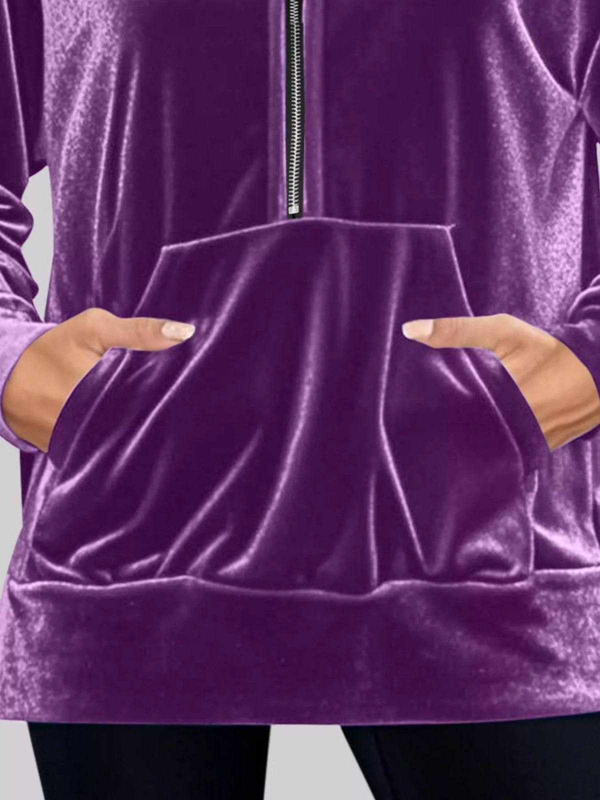 Full Size Velvet Half Zip Hoodie Kangaroo Pocket Plus (9)